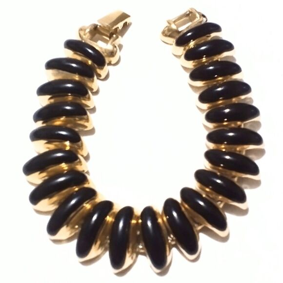 Vintage Erwin Pearl Gold Tone Black Enamel Chunky Link Bracelet - Picture 4 of 8